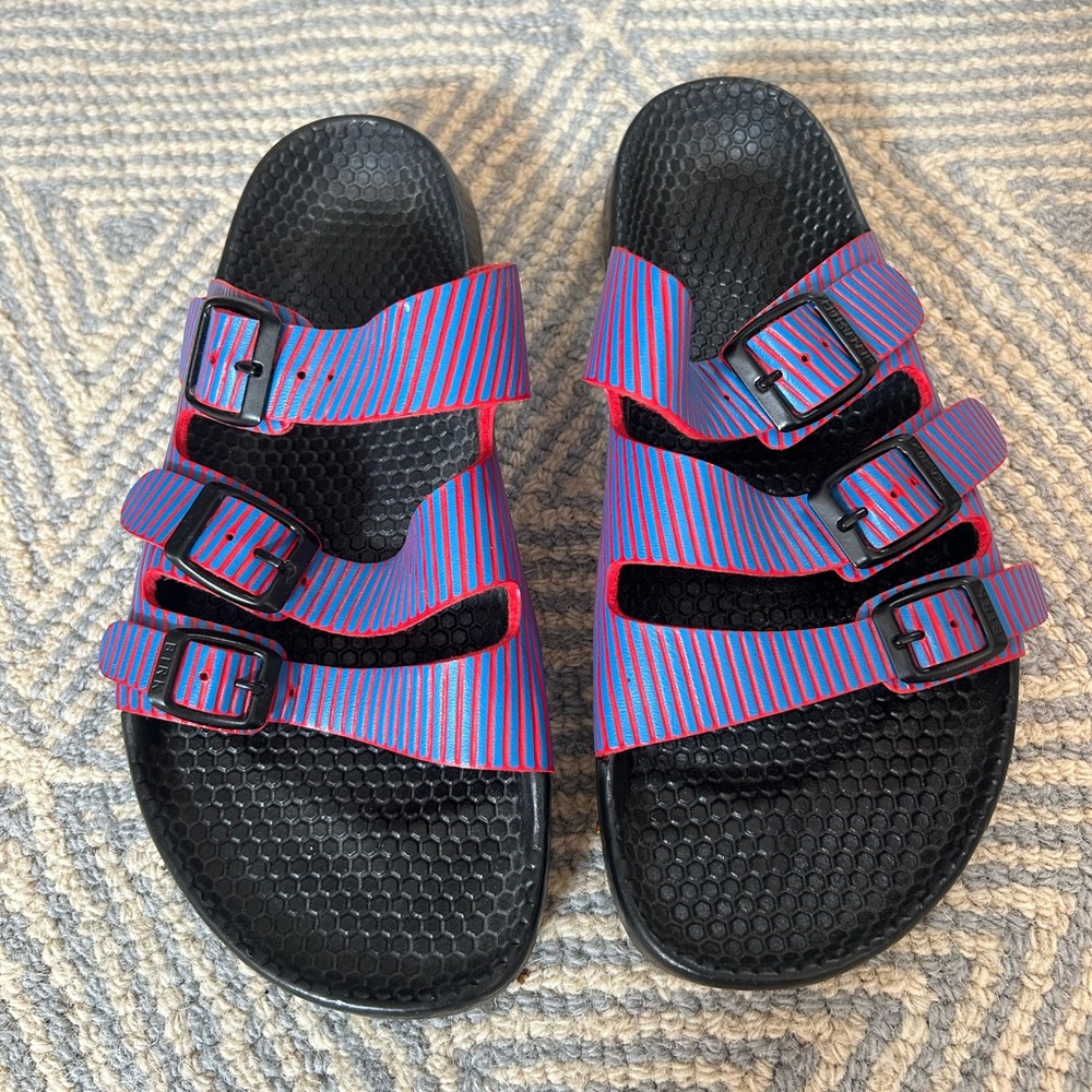 Birki’s Birkenstock Papilio FLA Sandals Blue Red Stripe 3 Strap
